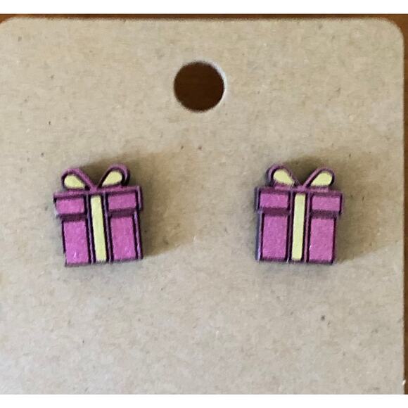 Pink Present Gold Ribbon Stud Earrings - Hand Painted Wood, Hypoallergenic - Picture 3 of 4
